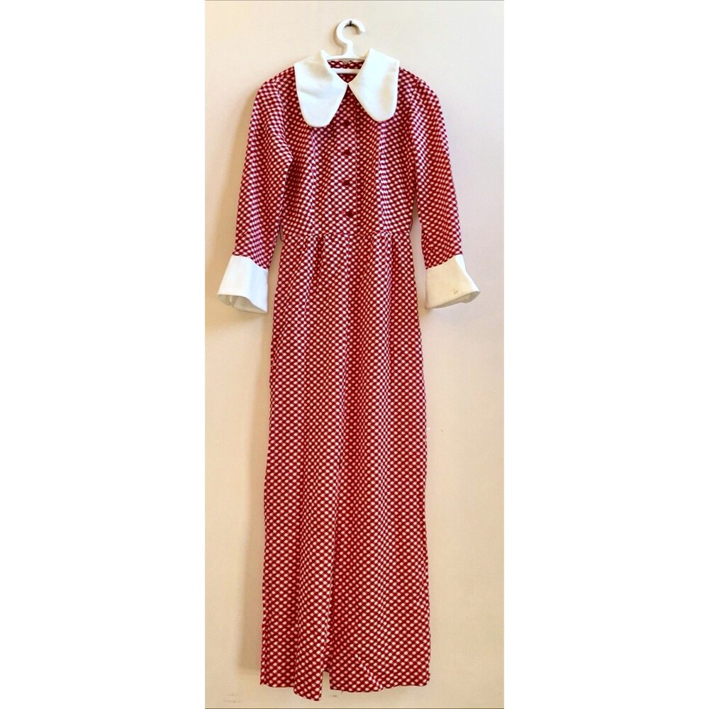 Vintage 60s Red/White Checked Floor Length Button Front Maxi Dress Size Ms 10